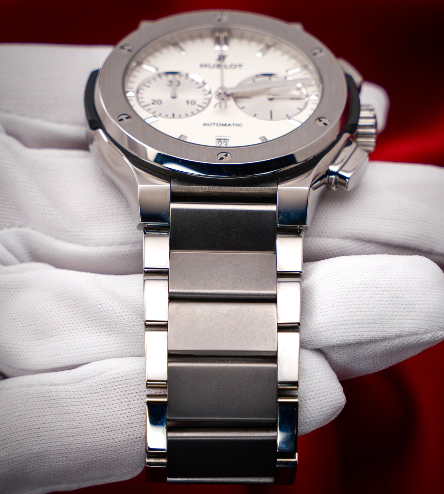 Hublot Classic Fusion Chronograph Titanium Opalin Silver White Dial Bracelet 45mm