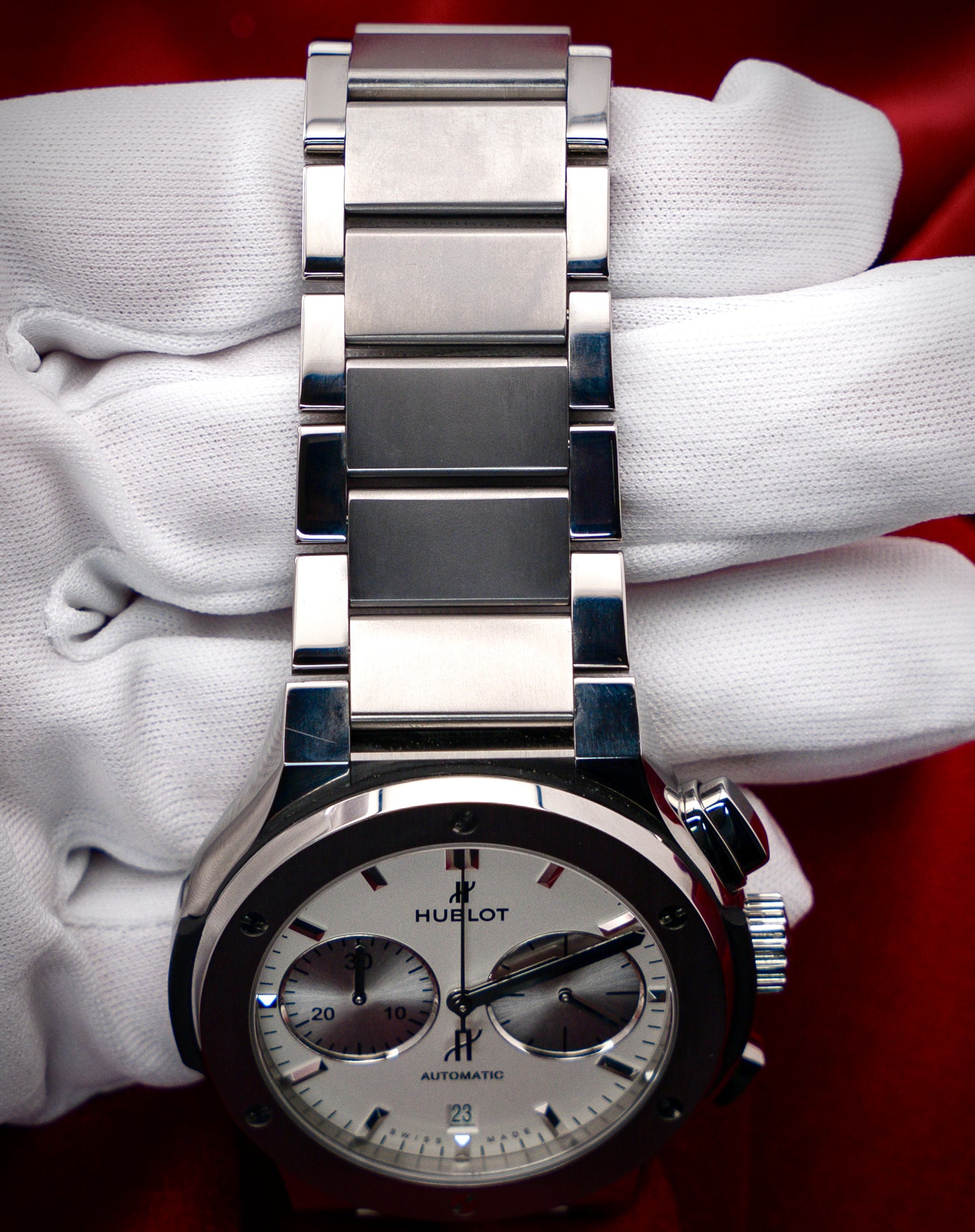 Hublot Classic Fusion Chronograph Titanium Opalin Silver White Dial Bracelet 45mm