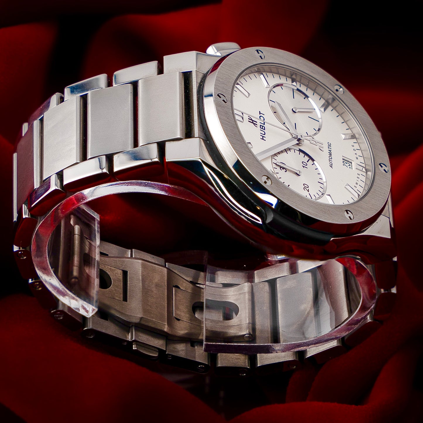 Hublot Classic Fusion Chronograph Titanium Opalin Silver White Dial Bracelet 45mm